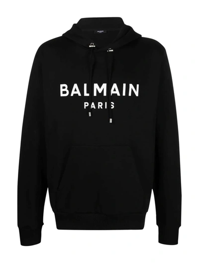 Balmain Logo Hoodie In Eab Noir Blanc