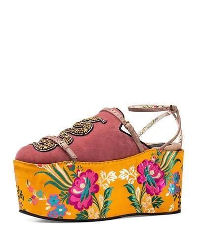 Gucci Convertible Embellished Velvet And Jacquard Platforms In Pink&purple
