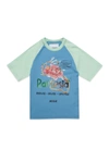 MYAR TWO-TONE BLUE AND GREEN DEADSTOCK FABRIC CREW-NECK T-SHIRT WITH RAFFLESIA DIGITAL PRINT