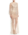 JENNY PACKHAM SEQUINED-PETAL ILLUSION TULLE GOWN, WHITE/GOLD,PROD196810156