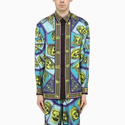 Versace Mask Print Silk Twill Shirt In Multicolor