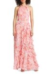 Eliza J Floral Chiffon Gown In Pink Print