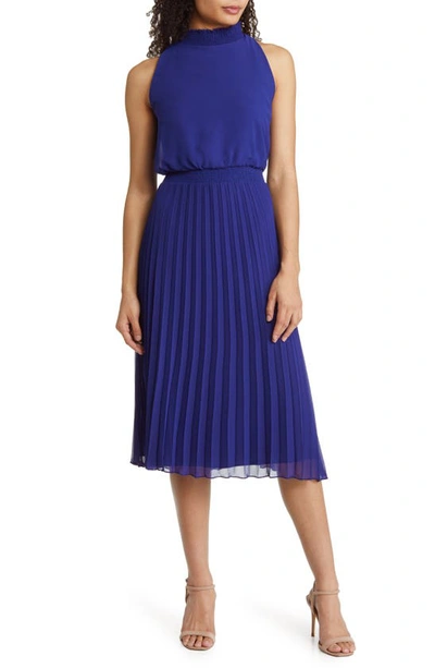 Sam Edelman Smocked Pleat Sleeveless Midi Dress In Navy