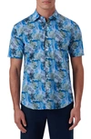 Bugatchi Shaped Fit Print Stretch Cotton Short Sleeve Button-up Shirt In Blue