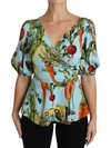 Dolce & Gabbana Multicolor Vegetable Print Silk Top Peplum Wrap Blouse In Multicolor
