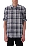 BUGATCHI SHAPED FIT PLAID LINEN BUTTON-UP SHIRT