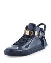 BUSCEMI 100MM PATENT LEATHER HIGH-TOP SNEAKER, BLUE,PROD193490255