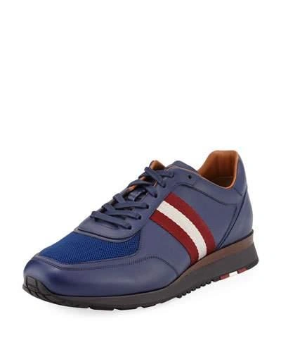 Bally Men's Leather Trainer Sneakers W/trainspotting Stripe, Marine Blue