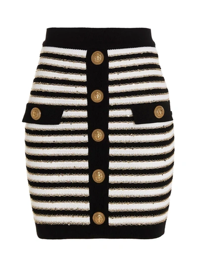 Balmain Button-embellished Metallic Striped Knitted Mini Skirt In Multicolor