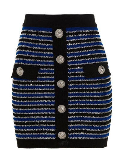 Balmain Sequin Striped Knit Skirt In Black/blue