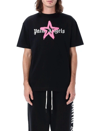 Palm Angels Star Sprayed Printed Cotton T-shirt In Black Pink