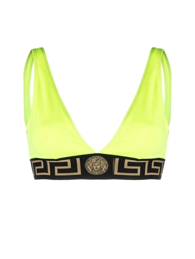Versace Logo Waistband Bikini Top In Acid Yellow Black