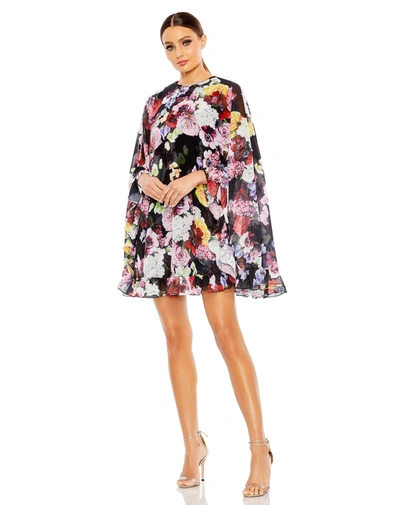 Ieena For Mac Duggal Floral Print High Neck Ruffle Hem Cape Mini Dress In Multi