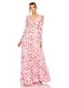 Mac Duggal Ruffle Sleeve Floral Print Gown In White Multi