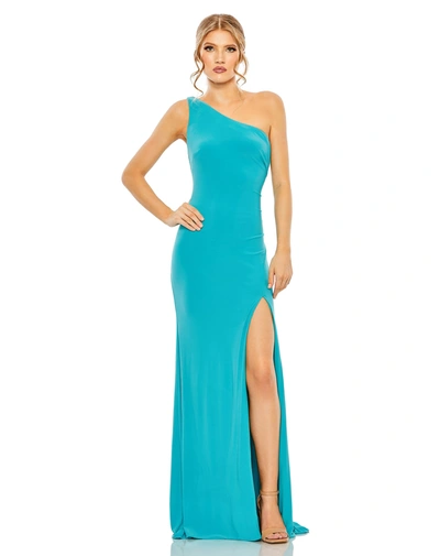 Ieena For Mac Duggal Jersey One Shoulder Draped Back Gown In Blue