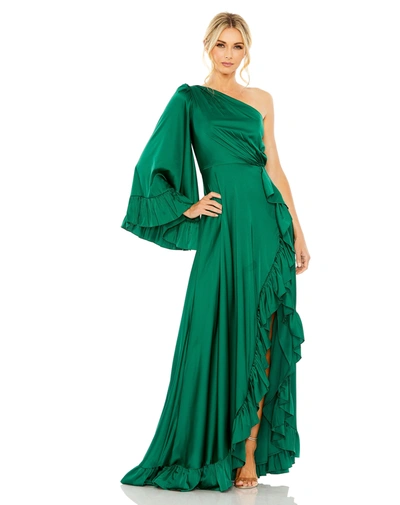 Mac Duggal Long One Sleeve Asymmetrical Ruffle Hem Gown In Emerald