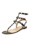 VALENTINO GARAVANI ROCKSTUD FLAT THONG SANDALS, BLACK,PROD185580078