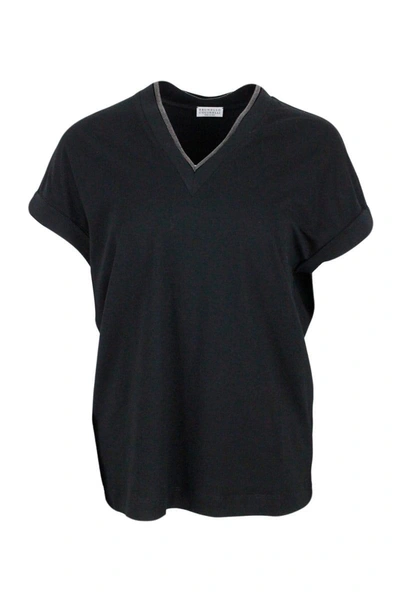 Brunello Cucinelli Short-sleeved T-shirt In Stretch Cotton With V-neckline Trimmed With Jewels In Black