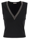 Brunello Cucinelli Stretch Cotton Rib Jersey Top With Shiny Collar In Black