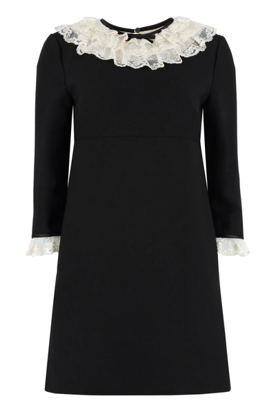 Miu Miu Lace Trimming Long Sleeved Mini Dress In Black
