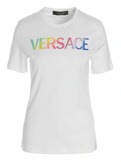 Versace Rainbow Logo Embroidered T-shirt In White,multicolor