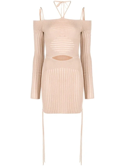 Andrea Adamo Knit Ribbed Mini Dress In Beige