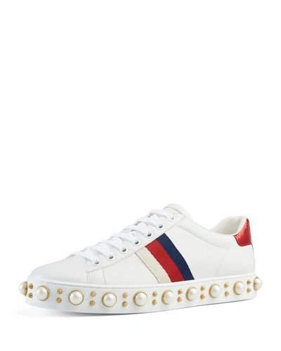 Gucci New Ace Faux-pearl Embellished Leather Trainers In White
