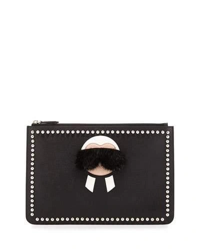Fendi Karl Fur-trimmed Textured Leather Pouch In Black