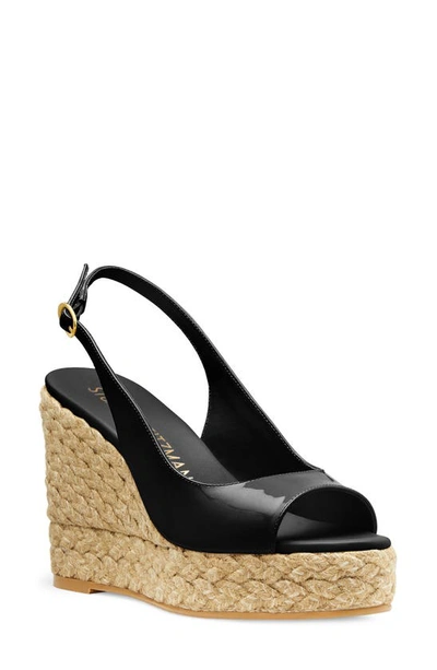 Stuart Weitzman Island Patent Slingback Espadrille Sandals In Black/ Natural