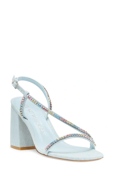 Stuart Weitzman Women's Soiree Square Toe Crystal Trim High Heel Sandals In Denim