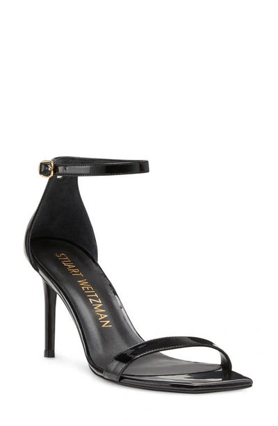 Stuart Weitzman Nudistsong Patent Ankle-wrap High-heel Sandals In Black Shimmering Velvet