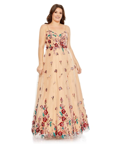 Mac Duggal Embellushed Butterfly Sleeveless Lace Up Gown In Nude Multi
