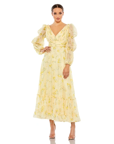 Mac Duggal Floral Print Chiffon Illusion Tiered Puff Dress In Yellow Multi