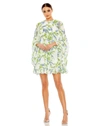 Mac Duggal Floral Print High Neck Ruffle Hem Cape Mini Dress In White Multi