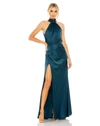 Mac Duggal Open Back High Neck Side Ruched Gown In Ocean