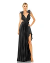 MAC DUGGAL PLEATED FEATHER CAP SLEEVE OPEN BACK GOWN