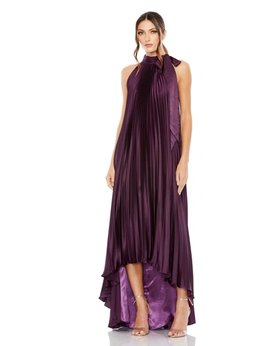 Mac Duggal Pleated Halter Neck High Low Gown In Plum