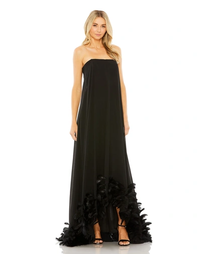 MAC DUGGAL STRAPLESS FLARE FEATHER HEM GOWN
