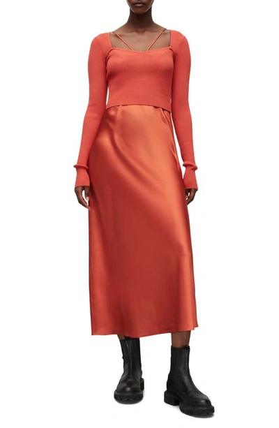 Allsaints Sassi Strappy Sain Slipdress With Crop Sweater In Clay