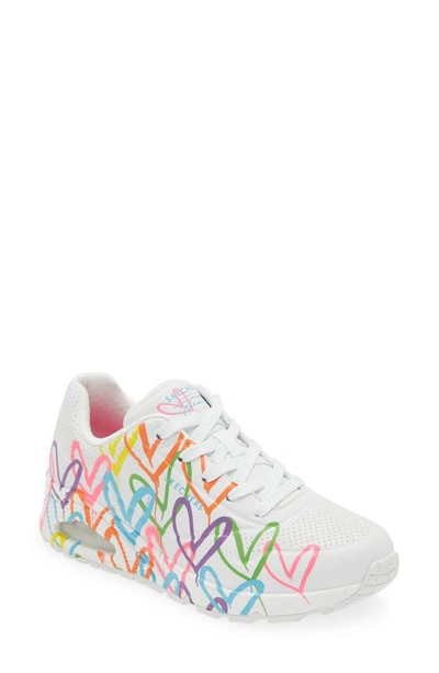 Skechers Uno Sneakers With Neon Graffiti Heart Print In White In White/ Multi