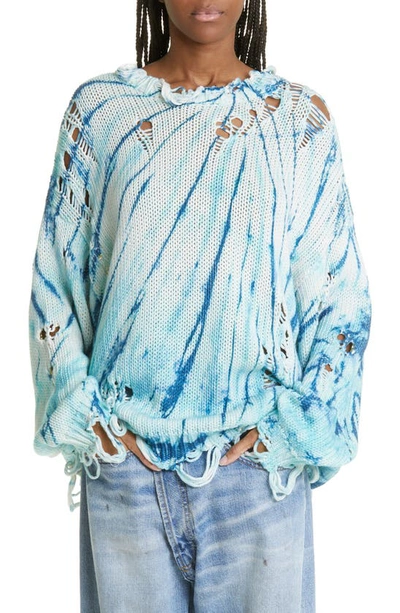 R13 Blue Tie Dye Distressed Oversized Sweater In Tie-dye Blue