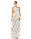 Mac Duggal Embroidered Ruffled One Shoulder Lace Up Gown In Ivory