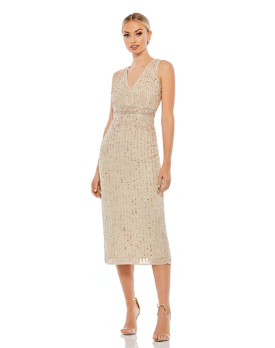 Mac Duggal Beige Sequined Sleeveless V-neck Midi Sheath Dress In Neutral