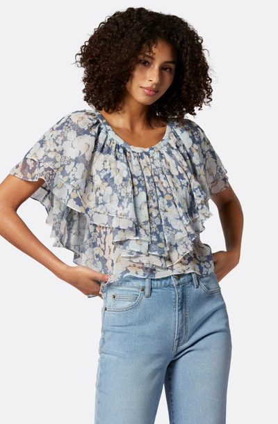 Joie Larisa Floral Ruffle Silk Blouse In Blue