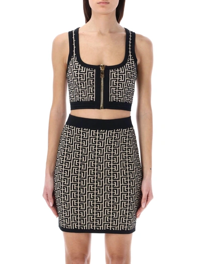 Balmain Monogram Wool-blend Crop Top In Ivory Noir