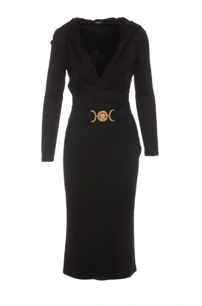 Versace Body-con Belted Midi Jersey Dress In Black
