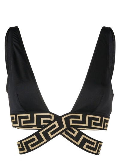 Versace Greca-detail Crossover Bikini Top In Black