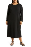 Eileen Fisher Jewel Neck Long Sleeve Jersey Shift Dress In Black
