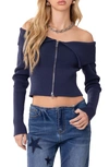 Edikted Double Zip Fold Over Off The Shoulder Crop Sweater In Blue