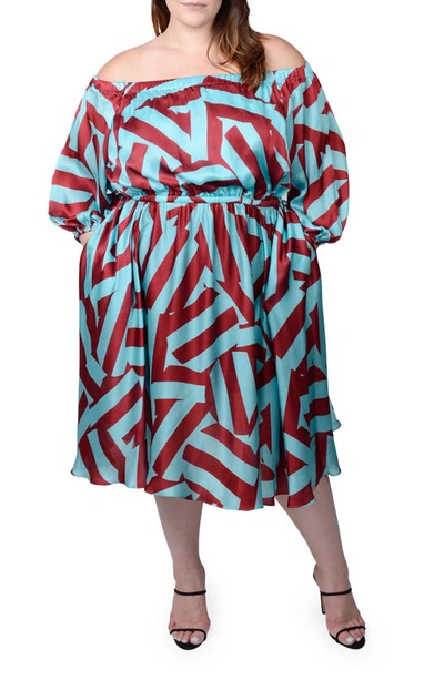 Mayes Nyc Plus Size Edwina Printed Off-shoulder Dress In Red